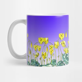 YELLOW CYCLAMENS,GREEN LEAVES UNDER BLUE SKY Floral Mug